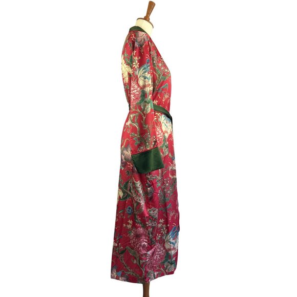 Pottery Barn Dahlia Floral Print Kimono Robe M Red Green 100% Polyester - Picture 5 of 10
